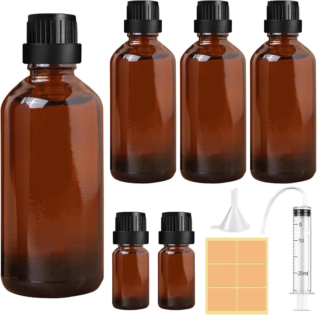 Druppelflessen van 100 ml, Lege Bruine Glazen Flessen, Herbruikbare Glazen Flessen met 2 x 10 ml Bruine Flessen, 20 ml Spuit, Trechter voor Etherische Oliën, Parfum, Lichaamsolie