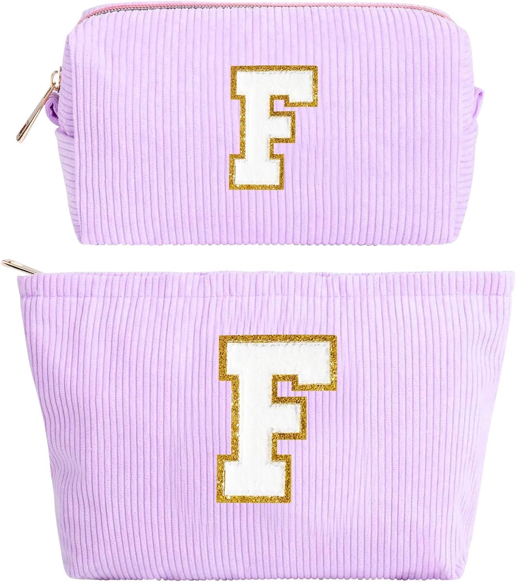 2 make-uptas voor dames, roze, reis-make-uptas, toilettas met letters, toilettas van corduroy fluweel, cadeau voor verjaardag, Kerstmis voor mama, vrouwen, vriendin, beste vriendin, Purper, F