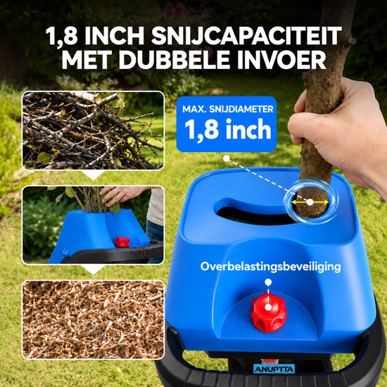 Elektrische Hakselaar 15A – Tuinhakselaar en Houtversnipperaar voor Takken tot Ø45 mm – Dubbele Omkeerbare Messen, Opvangzak, Duwstok en 7-inch Wielen – 4300 t/min — afbeelding 2