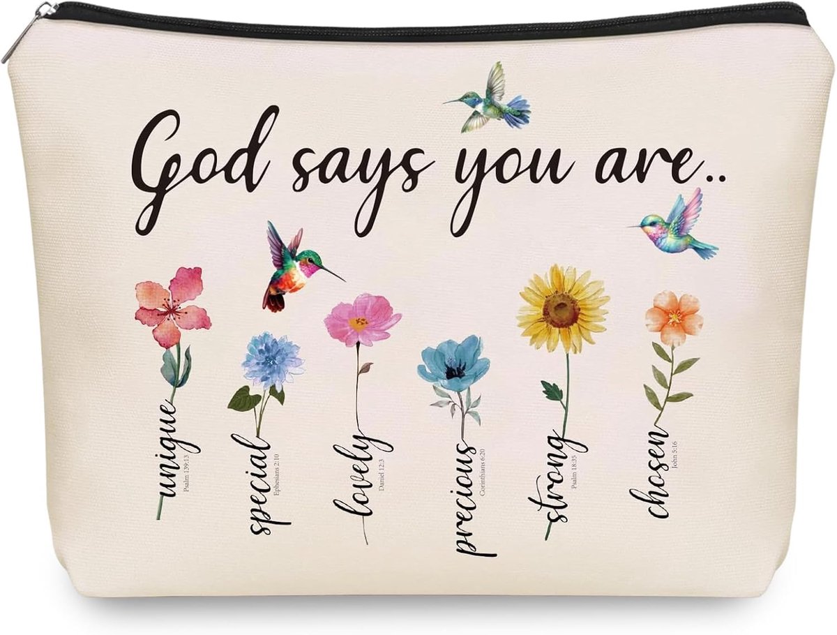 Make-uptas, klein, christelijke make-uptas met opschrift God Says You Are, make-uptas, aanmoediging, reis-toilettas met bloem, make-uptas voor dames, bijbelverzen