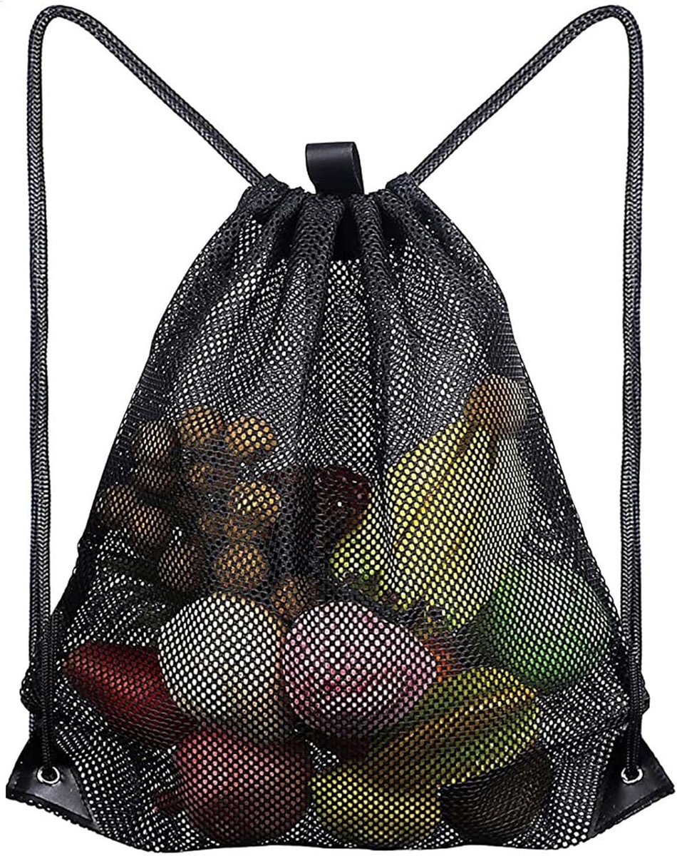 Mesh strandtas, mesh tas, trekkoord, gymtas met trekkoord, mesh rugzak met trekkoord, mesh, rugzak voor sport, strand, zwemmen, reizen, kamperen (zwart)