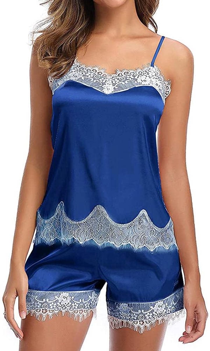 Kleding Dames Elegante Pyjama Nachtkleding Mouwloze Strappy Kanten Shorts Satijnen Set-Azul_XL