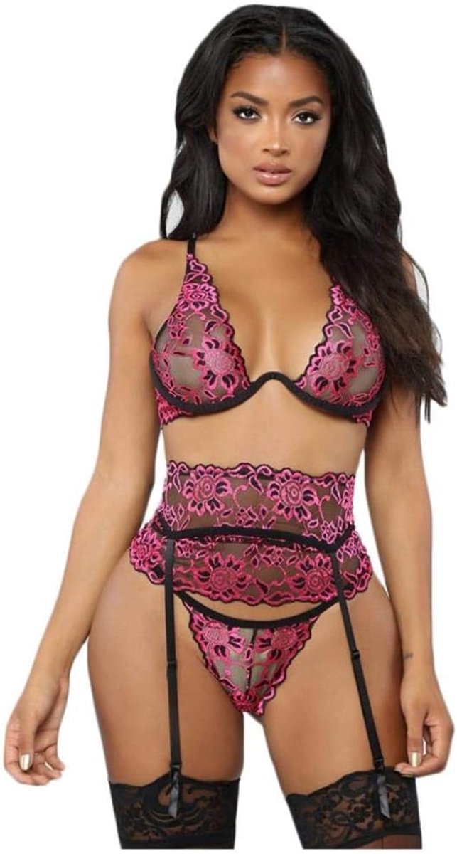 Babydolls, nachtjaponnen & negligés S-3XL Kanten Ondergoed Vrouwen Sexy Lingerie Bh Set Kousenband String Kostuums set