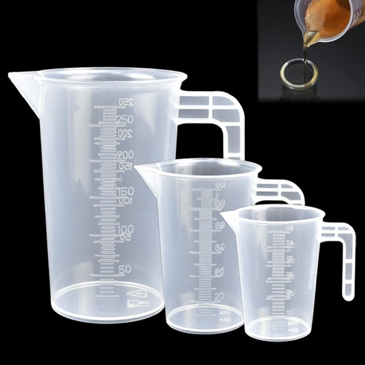 Maatbekerset van kunststof, 50 ml, 100 ml, 250 ml, met handvat, hittebestendig, voor wasmiddel, keuken, laboratorium, fijne schaal, voedselveilig (transparant)