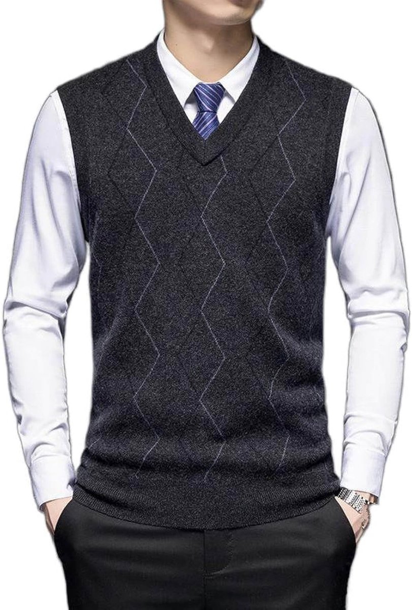 Argyle Gebreid Vestvest Met V-Hals, Herfst En Winter Klassiek Vest Trend Casual Kleurcontrast Heren Kasjmier Gemengd Vest, Zakelijk Heren Gebreide Trui Vest Tanktops,Donkergrijs,S