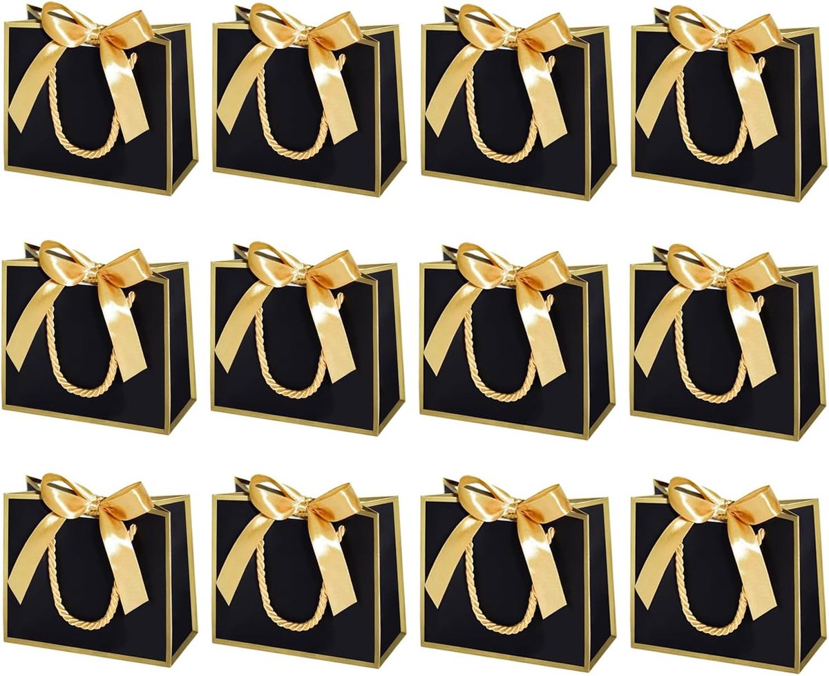 Cadeauzakjes met handgrepen, mini-cadeauzakjes, kleine bedank-cadeauzakjes met strik voor bruiloft, babyshower, verjaardag, deel (zwart, goud, 12 stuks)