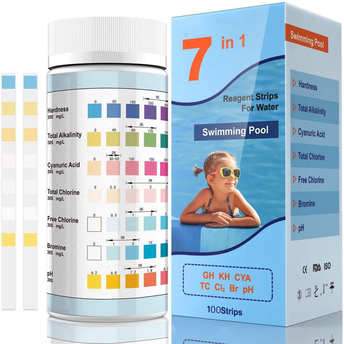 7-in-1 zwembadteststrips voor spa, 100 staafjes, pH-waarde, watertestset, nauwkeurige zwembadtester voor zwembadhardheid, vrij chloor, broom, totaal chloor en pH-waarde, zwembadtester
