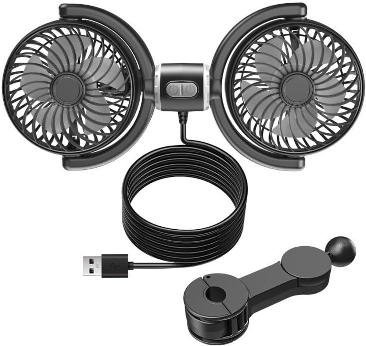 Autoventilator voor de achterbank, 5 V USB, dubbele kop, autoventilator met onafhankelijke schakelaars, 360° draaibare hoofdsteunventilator, 3 snelheden, stille koeling voor auto