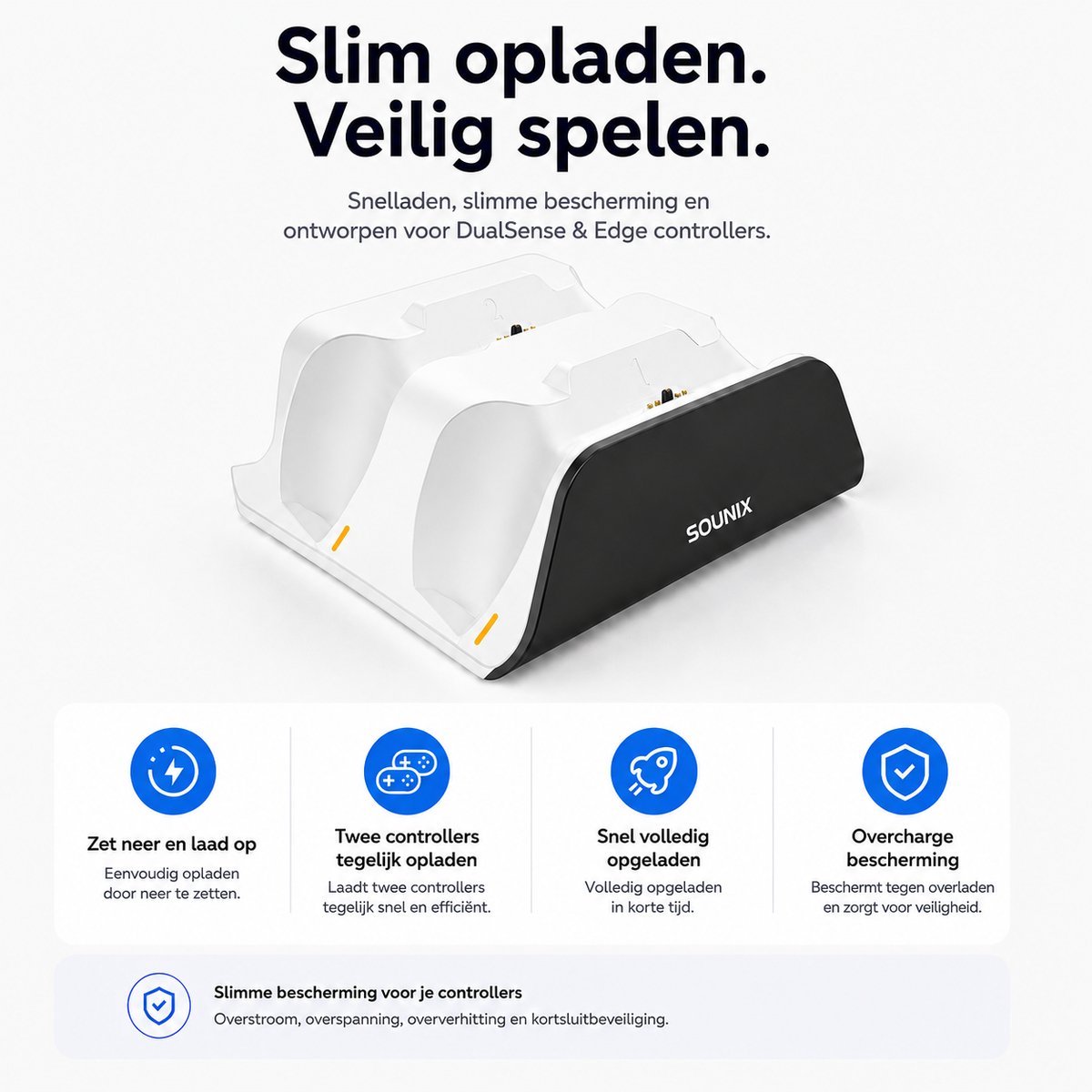 Sounix Oplaadstation geschikt voor PS5 / PS5 Slim / PS5 PRO / DualSense Controller - PS5 accessoires - Dual Oplader - Charging Dock - Zwart – foto 6