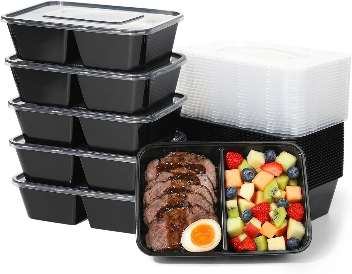 25 stuks 2-vaks Maaltijdvoorbereidingscontainers 650ML Plastic Herbruikbare Voedselopslag met Luchtdichte Deksels Meal Prep Bento Lunchboxen Stapelbare