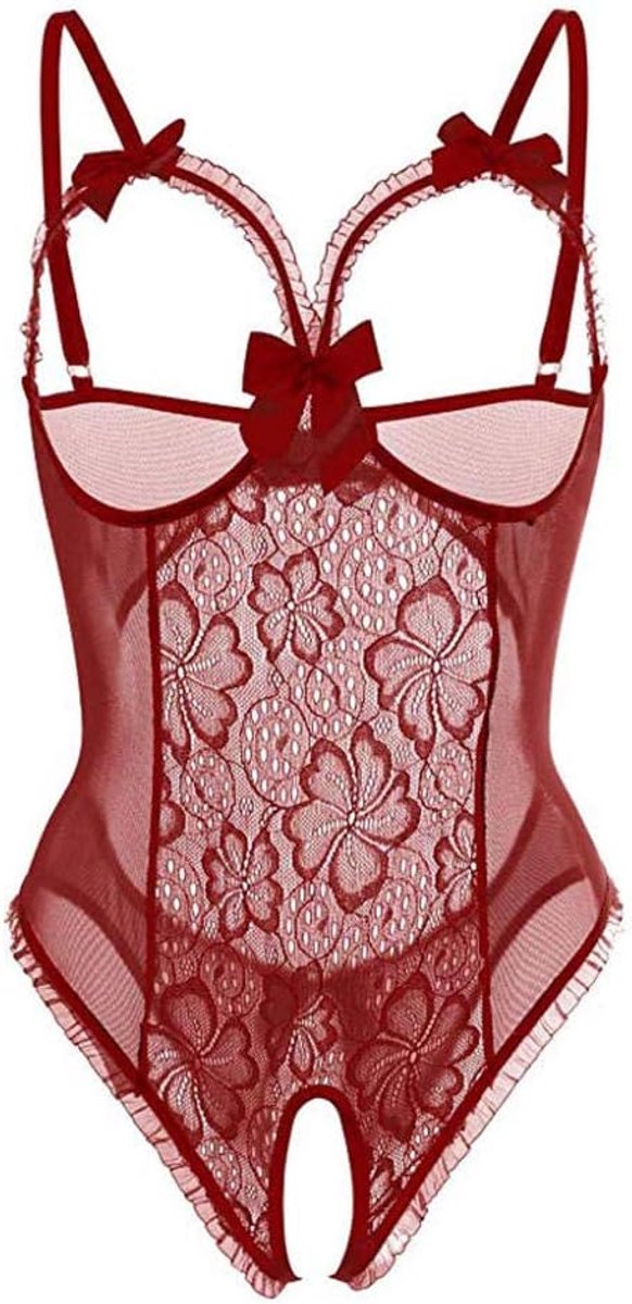 Dameskleding Sexy Lingerie Vrouwen Kant Transparant Dun Sexy Nachtkleding set-Hot_Pink_L
