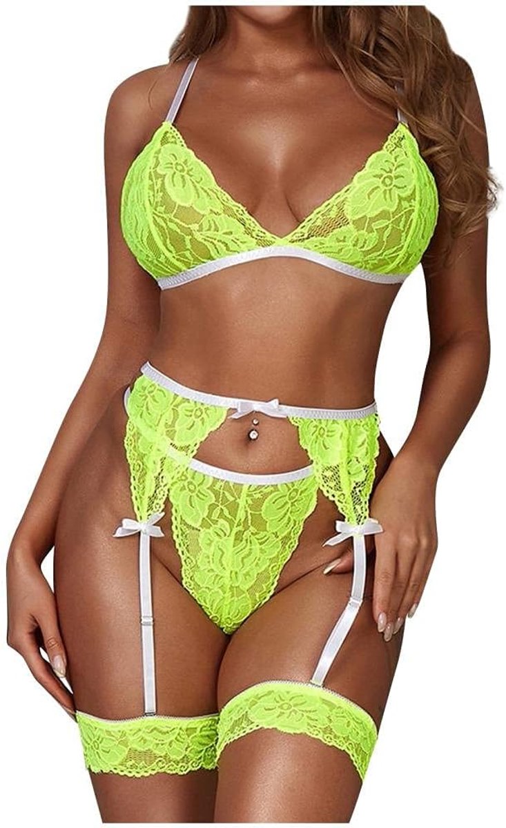 Sexy dames erotische lingerie Sexy lingerie dames set transparante kanten bh string kousenband set kostuums-green_XXL