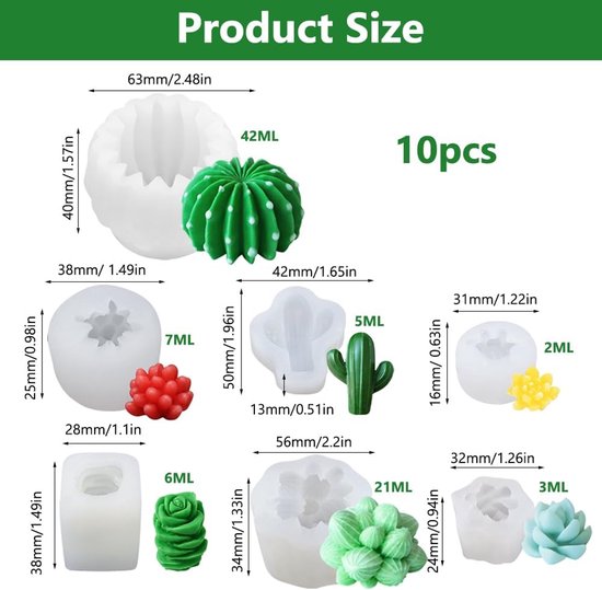 Set van 10 stuks vetplanten, siliconen vormen, gietvormen, kaarsen, siliconen vormen, cactus, 3D-vetplanten, cactus, siliconen vorm, kaarsvormen voor aromatherapie, kaarsen, epoxyharsvormen — afbeelding 2