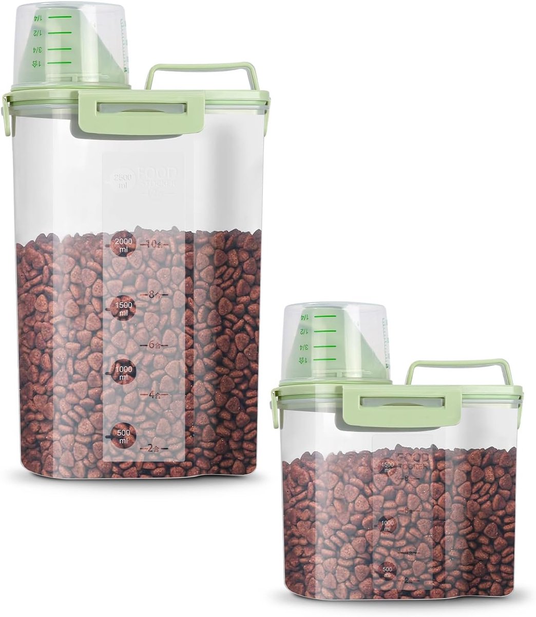 Jutyum 2 containers voor droogvoer voor honden, 3 + 1,7 l, voedselcontainer, keukencontainer, afwasmiddeldispenser, organizer voor de keuken, transparant, container voor droogvoer kat met maatbeker