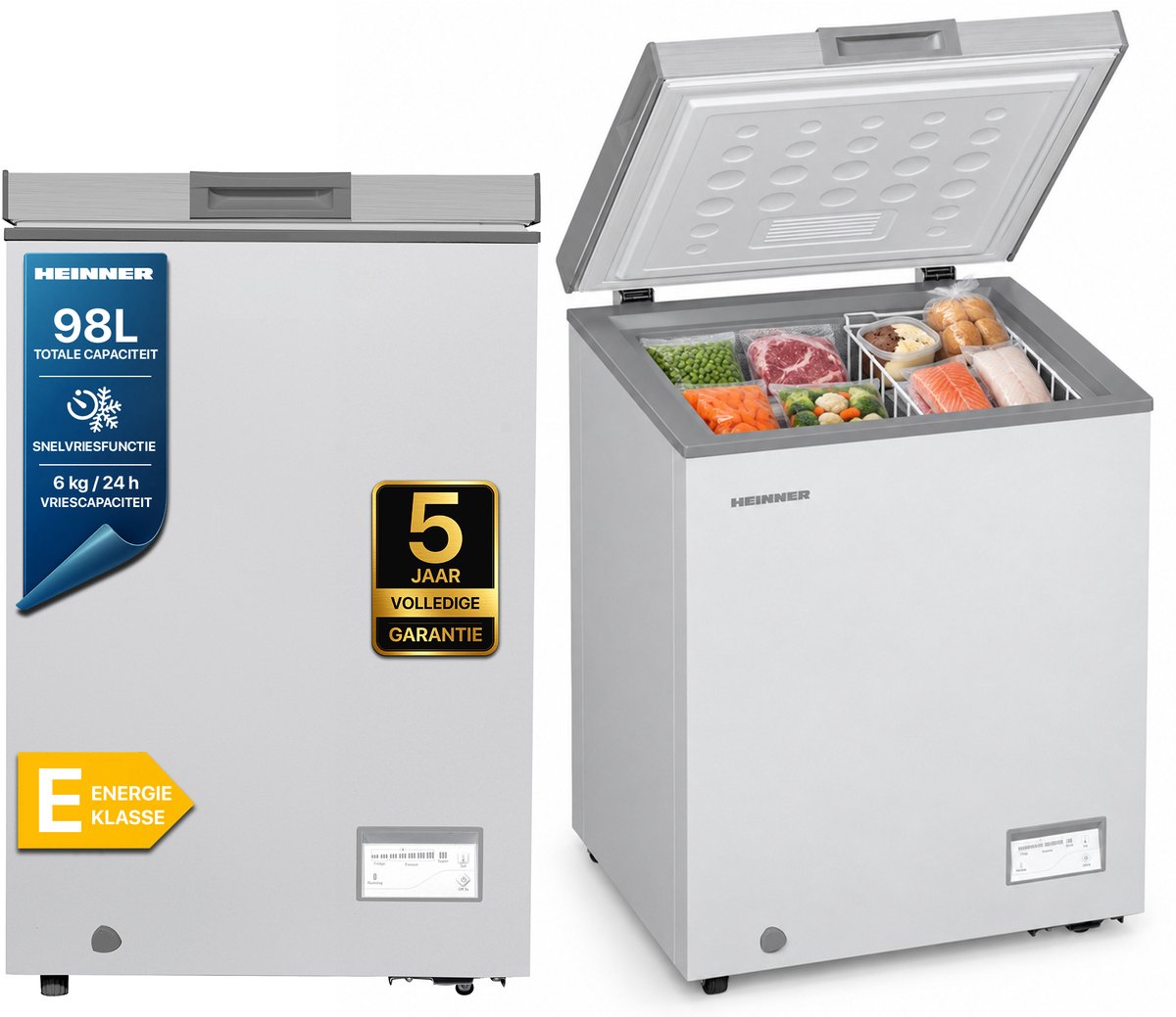 Heinner HCF-HM100CSE++ Vrieskist – 98 L – Convertible (Vriezer/Koelkast) – Snelvriesfunctie – Waterbestendig Display – Zilver – 5 Jaar Garantie