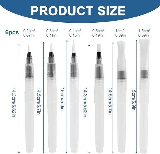 6 stuks aquarelpenselen met vulbare houder, watertankpenseel, waterstift, waterverfstiften, professionele nylon penselen, afmetingen 15,5 cm, voor schilderen op reis, licht en duurzaam — afbeelding 2