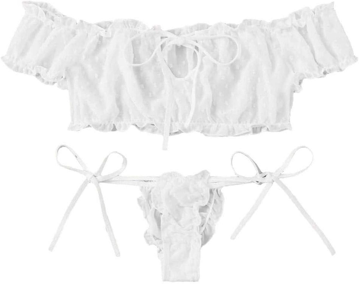 Lingerie Dameslingerie Sexy set kanten Kimono nachtkledingSexy Vrouwen Kanten Strik Off-Shouder Lingerie Nachtkleding Pyjama Bh Set G-string Panty Ondergoed-C_M