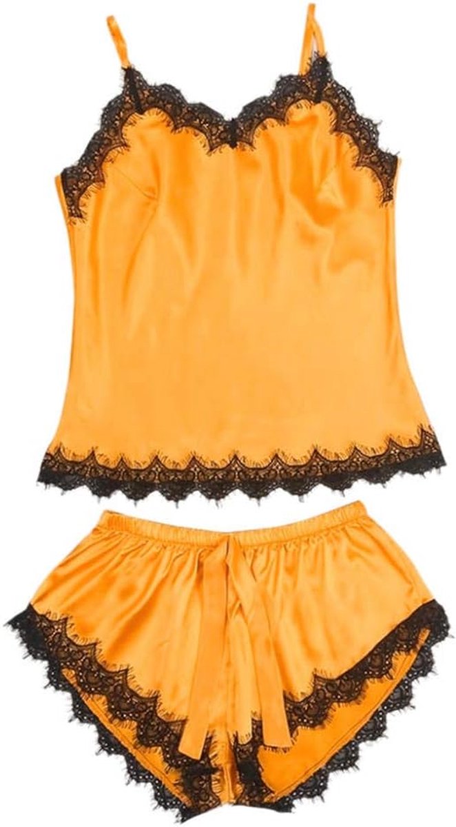 Klassiek Bh set Jarretellegordel en Kous LingeriePyjama Vrouwen Satijnen Tops Broek Sexy Nachtkleding Pyjama Vrouwelijke Nachtkleding Sets Lace up Mouwloze Strapless Pijamas Lingerie-Orange_XL