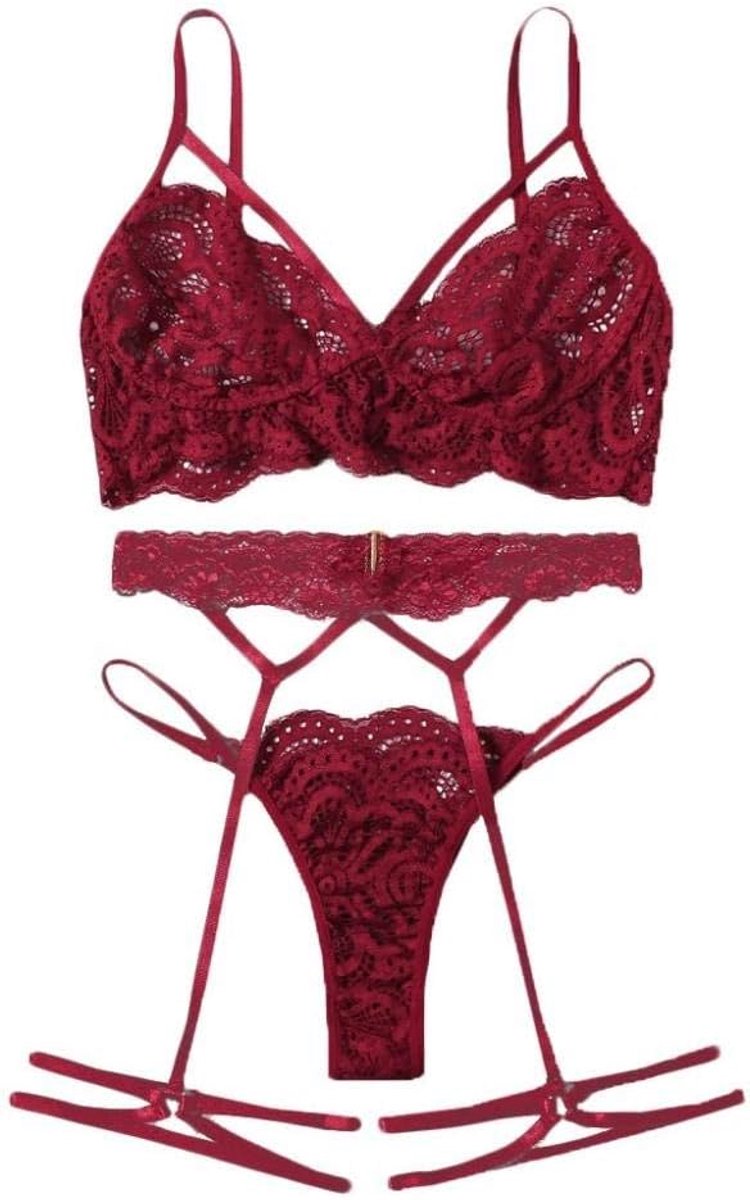 Lingeriesets dames Dames Lingerie Set Beha String Kousenband Sexy Lingerie Transparant Kant -red_S