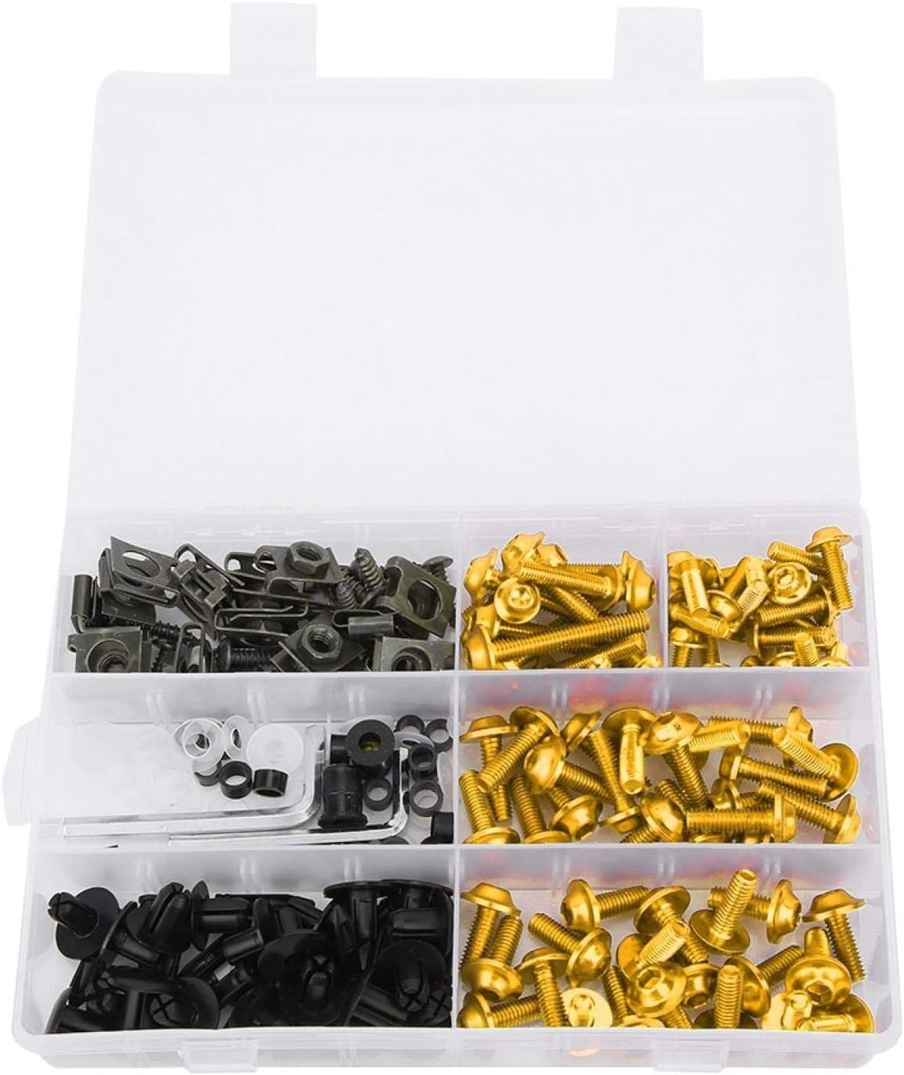 Motorkuipboutset 198-delige M5 M6-motorruitschroeven Kleurrijke bevestigingsmiddelen Kuipbouten Moerclips-set Montagesets Ringen Moeren(Goud)