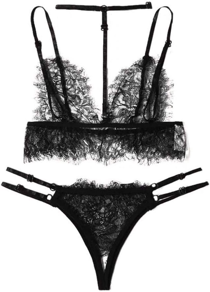 Lingerie & ondergoed Vrouwen Lingerie Set Sex Draadloze Beha Crotchless String Sexy Lingerie Transparante Kanten Kostuums-Black_S