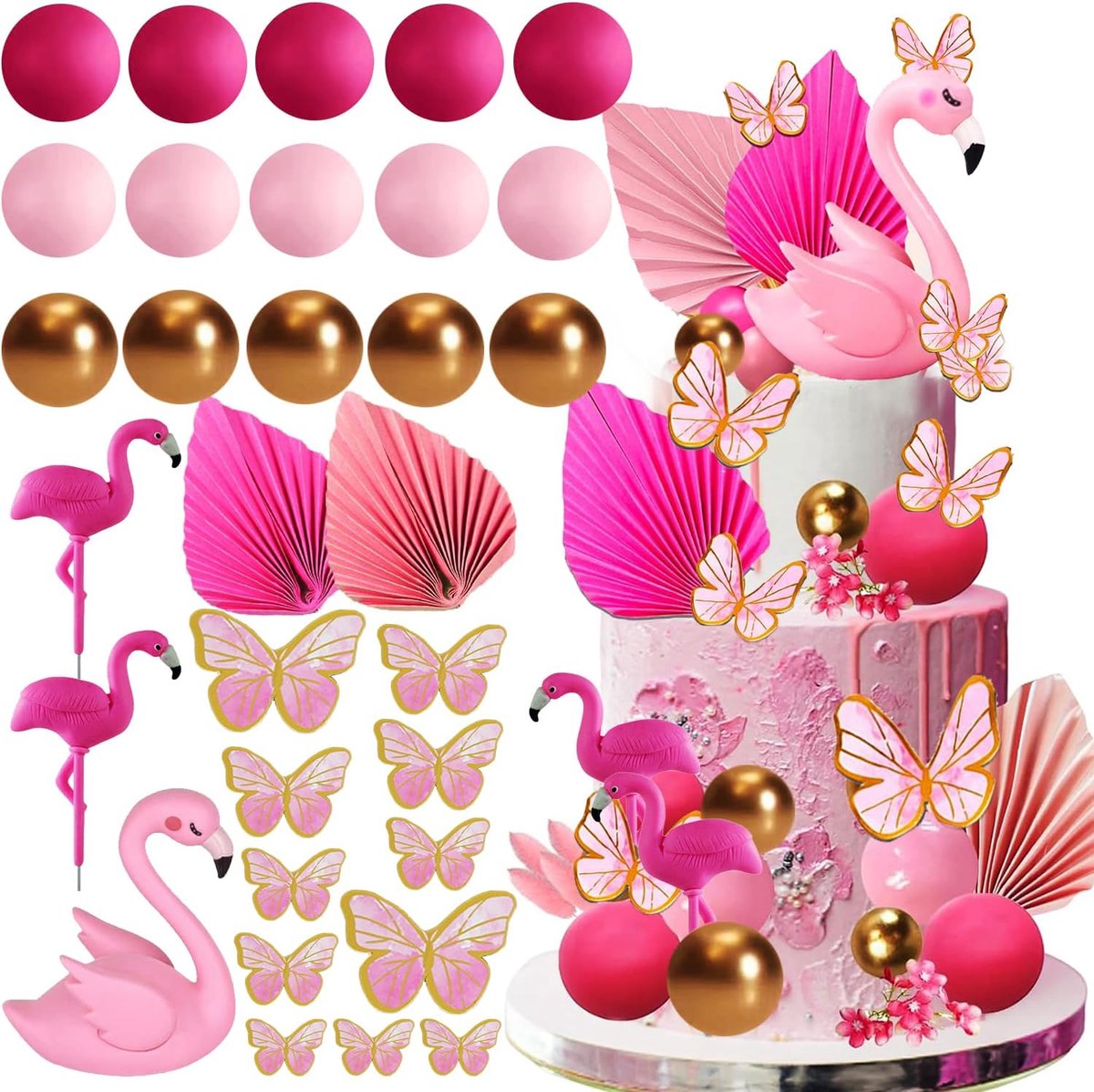 Taartdecoratie, meisjesfeest, dessert, decoratie, roze wensbal, vlinder, taarttopper voor verjaardag, dame, prinsessenfeest