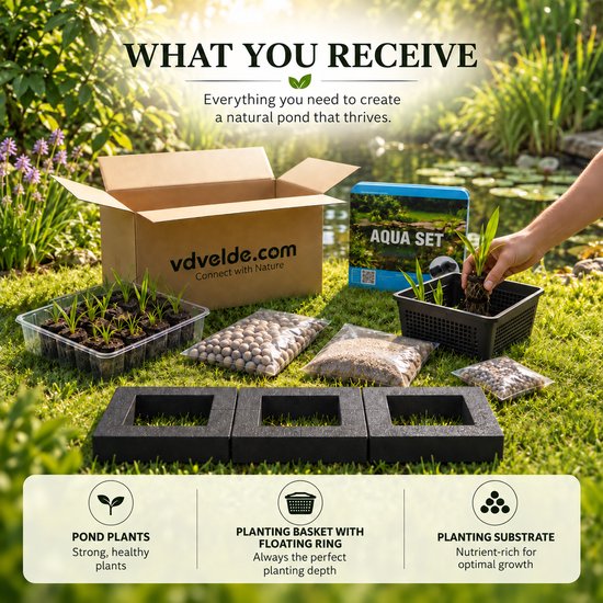 Overzicht van de inhoud van de 'Aqua Set' van vdvelde.com, inclusief vijverplanten, plantmand, substraten en drijvende ring.