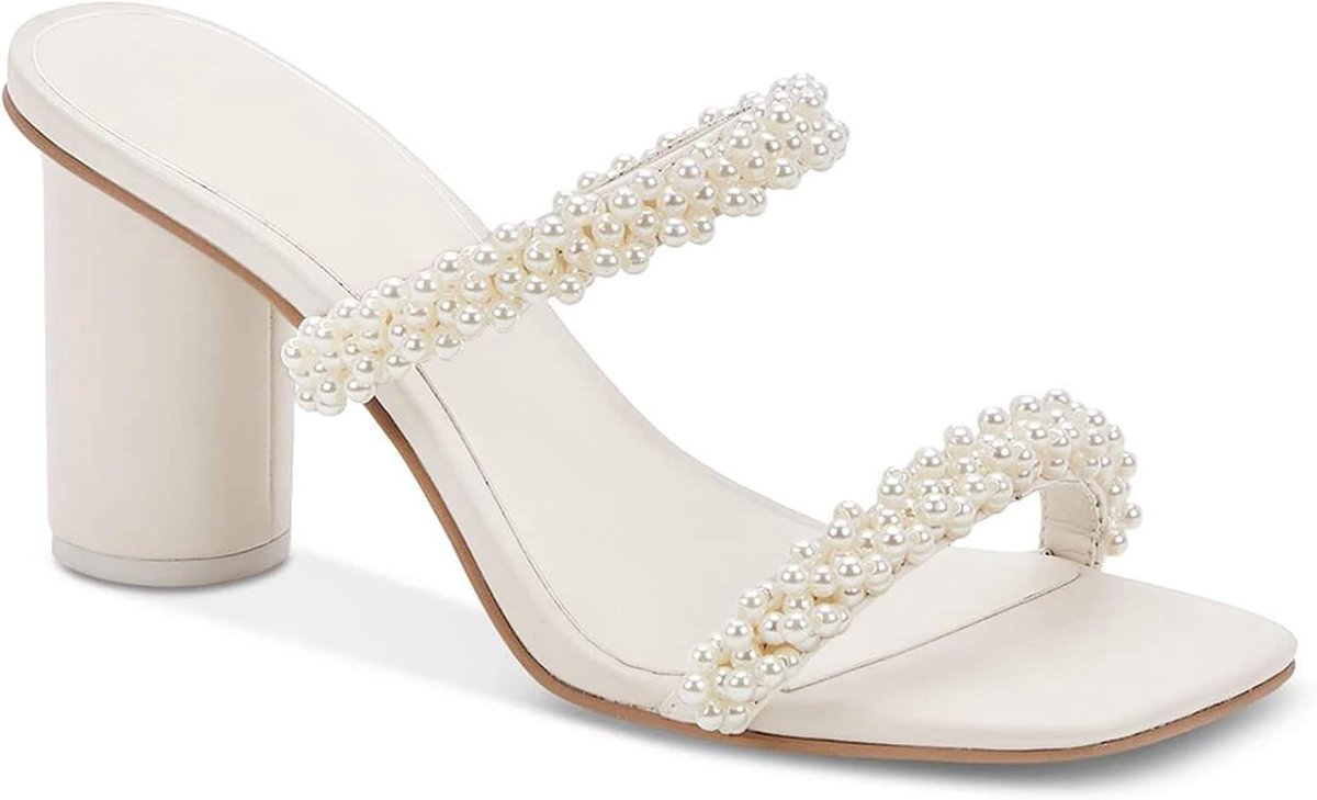 Chunky Heeled Sandals Pearl Strappy Open Square Toe Slip-on Block Heels Backless Mules Shoes