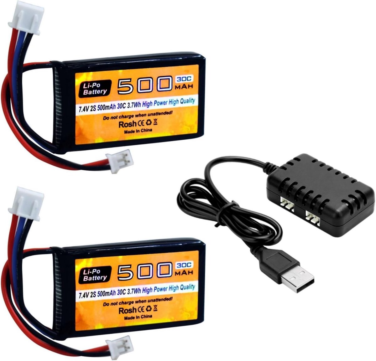 2PCS 7.4V 500mAh 30C PH2.0 Plug Lipo Strap batterij met 2-in-1 lader voor AX24 SCX24 RC automodellen, en de meeste 1/10, 1/16, 1/18, 1/24 schaal RC auto vrachtwagens, drones