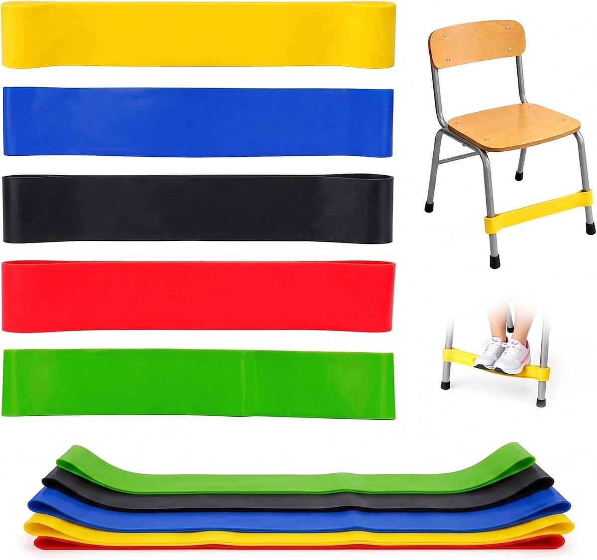 5 stuks elastische banden voor kinderstoelen, elastische banden voor onrustige voeten, ADHD en autisme, 5 weerstandsniveaus voor school en thuis, sensorisch gereedschap voor concentratie en