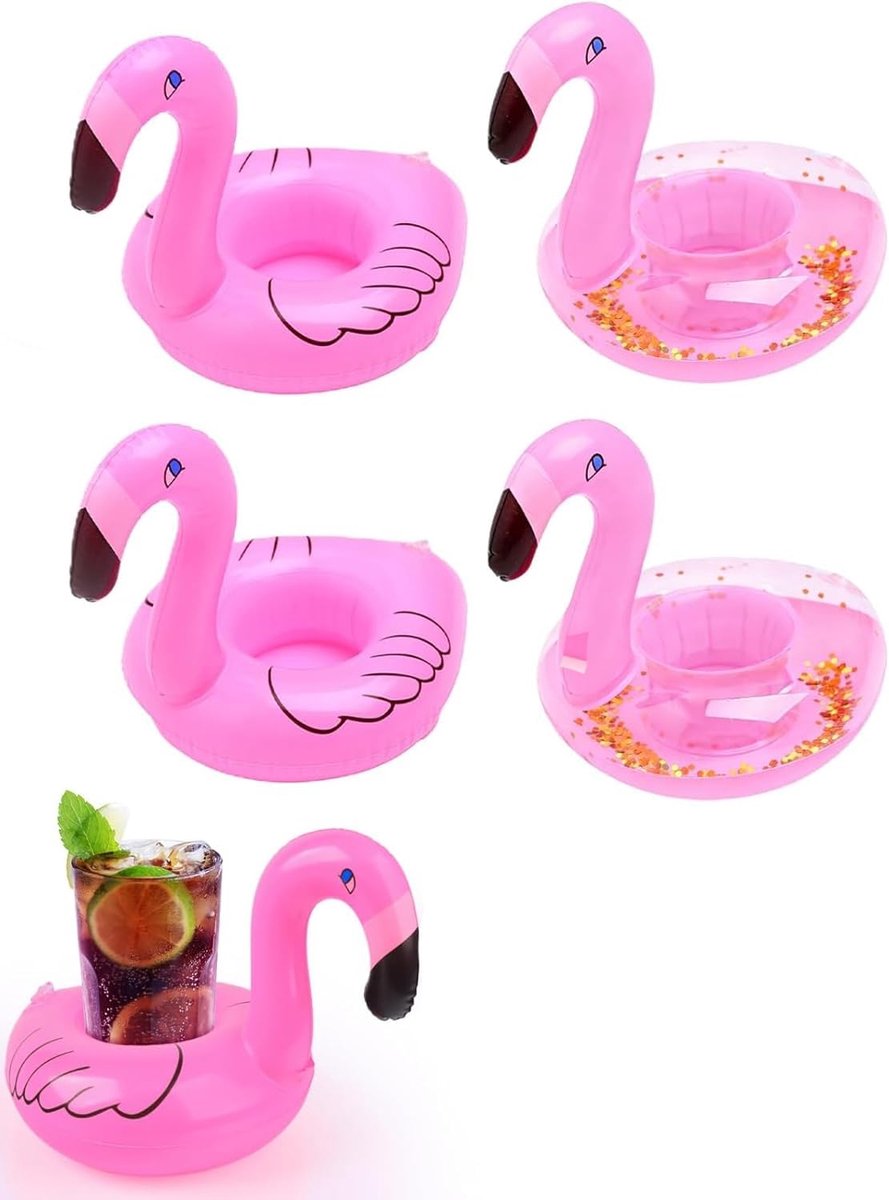 Opblaasbare bekerhouder flamingo – set van 4 stuks (2 normaal, 2 glitter) voor zomerfeesten in het zwembad en zee, stabiele bekerhouder en functionele decoratieve accessoires.
