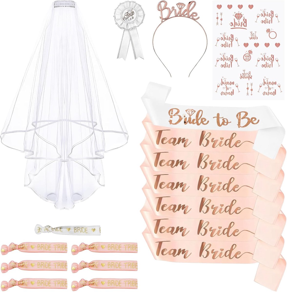 Sjerpset, 18 stuks JGA decoratieve sjerp armband set, sluier, badge, tiara, tattoos, accessoires voor vrouwen voor vrijgezellenfeest, decoratie, bruiloft, vrijgezellenfeest, bruidsfeest