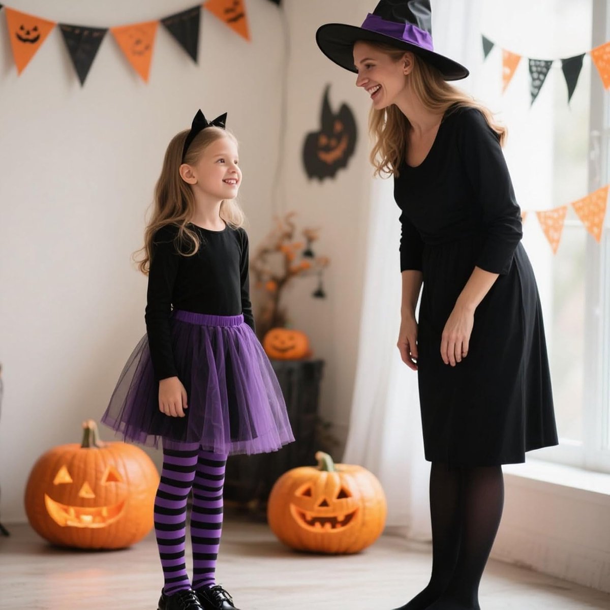 2 paar gestreepte panty's voor kinderen, zwart en paars snoepstreeppanty, gestreepte sokken, Halloween cosplay kousen, verkleedaccessoires, verkleedkostuum, feestkostuum