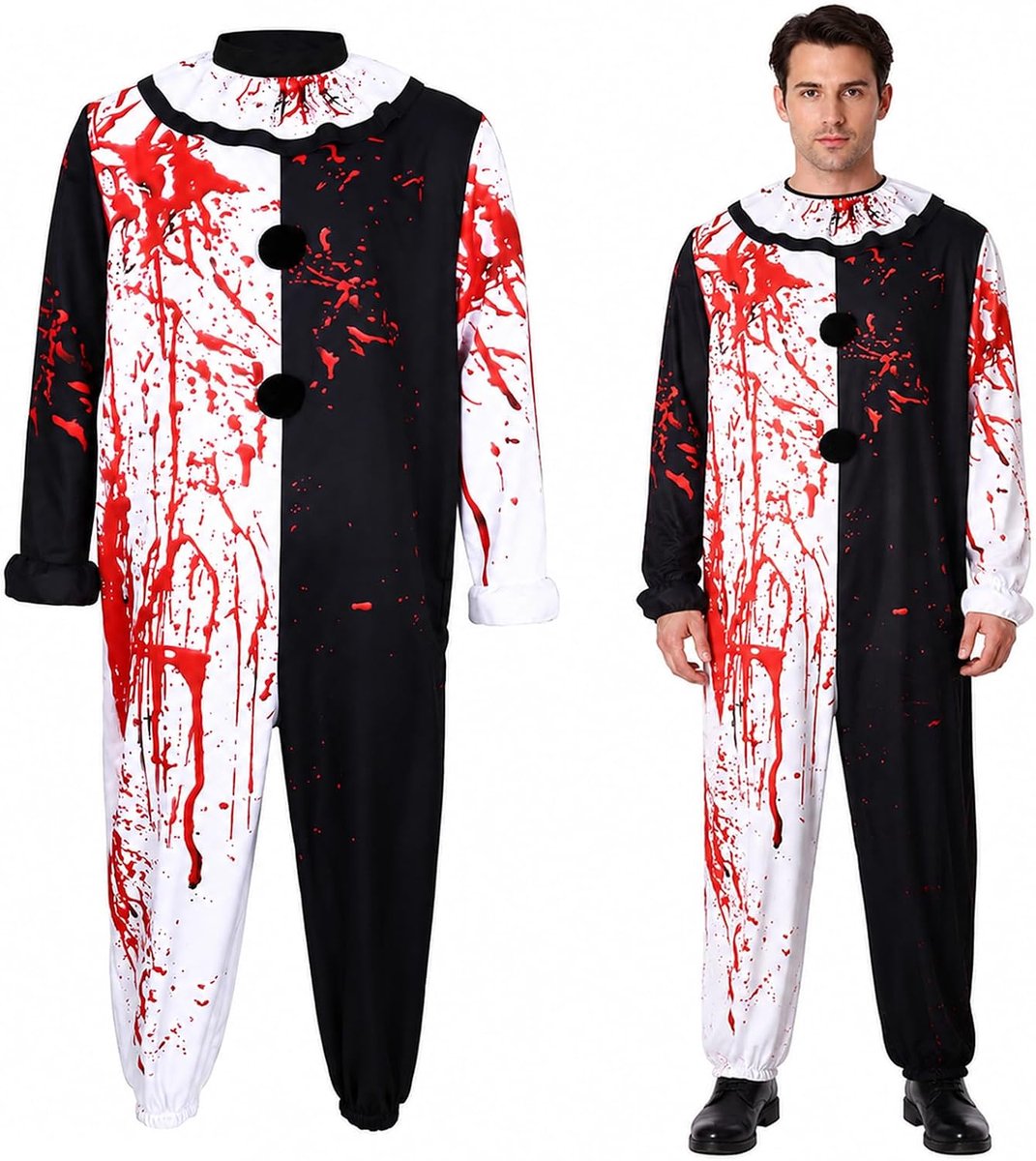 Kostuum heren, Halloween kostuum heren horror clown, zwart-witte jumpsuit met bloedvlekken, terrifier art clown cosplay volwassenen voor Halloween, carnaval, spookhuizen, feest