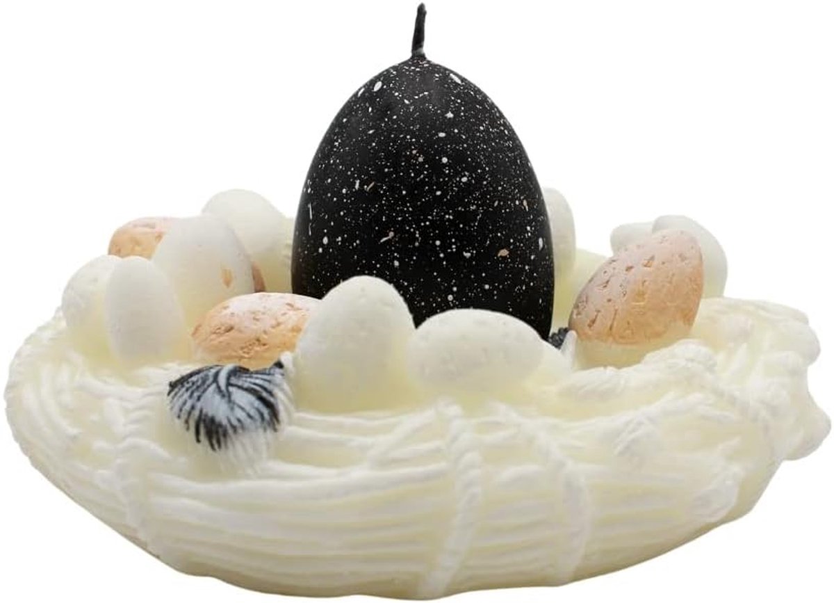 Kaars voor paasnest, van was, zwart, nest in wit, geschenkverpakking met gele strik, 13 x 7 cm