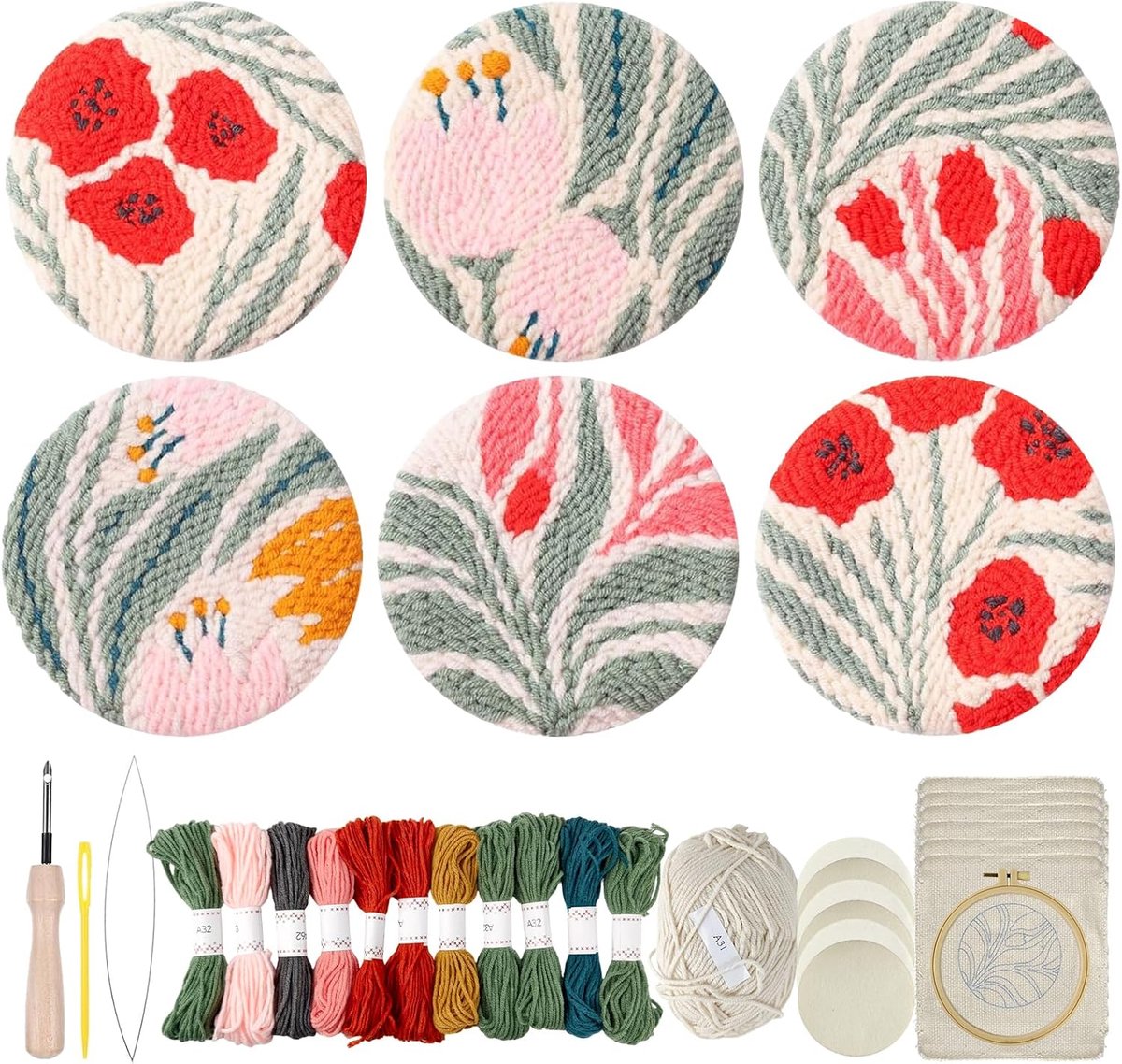 Ponsnaaldset voor beginners: madeliefje DIY-borduurset met bedrukte patronen, ring, kleurrijk garen. Eenvoudig bloemencadeau voor kerst, verjaardag, huisdecor.