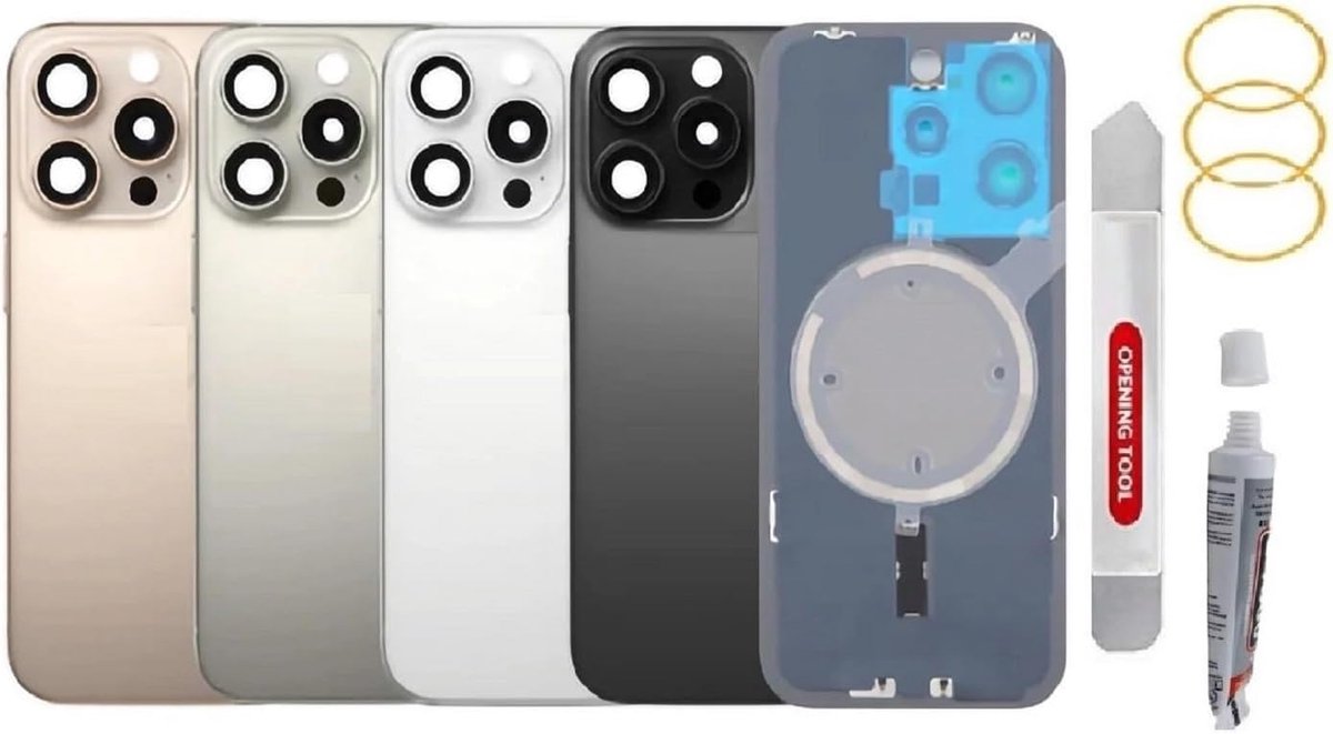 Achterglas, compatibel met iPhone 15 Pro, glazen batterijcover met gereedschap (zwart)