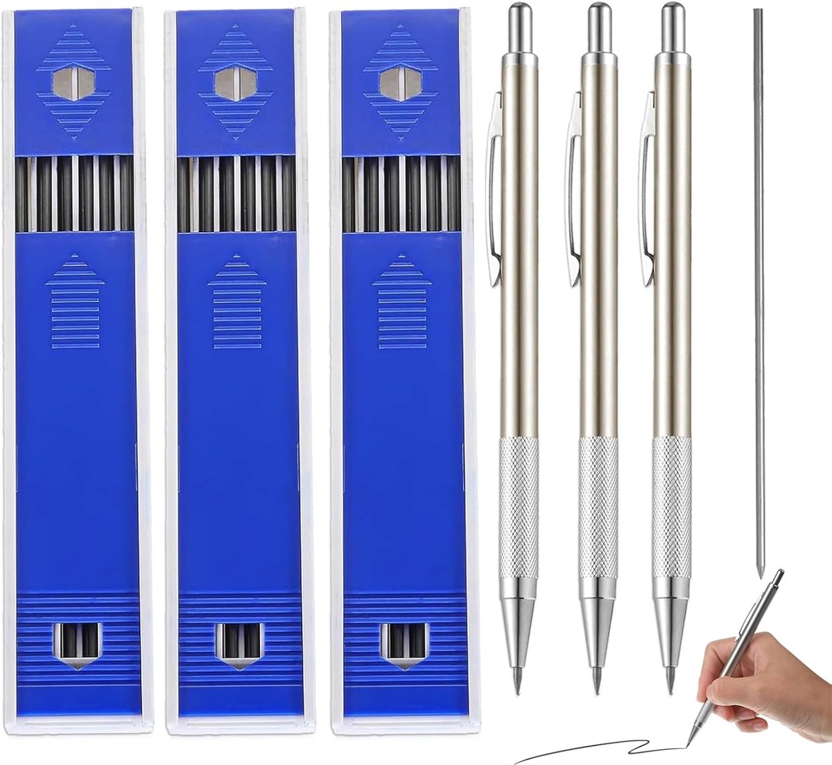 Metalen Drukpotlood Set – 3 Stuks 2.0mm 2B Kunst Potloden met 36 Grafietmijnen, Geschikt voor Tekenen, Schetsen en Architectuur – Comfortabele Grip en Ergonomisch Ontwerp