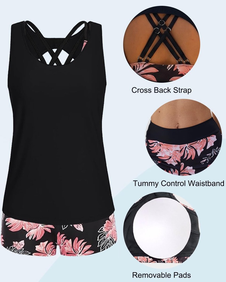 Tankini voor dames, 3-delig, top en bikini, push-up en zwemshorts met hoge taille, sportief badpak, tankini, ondoorzichtig, voor zee, zwembad, strand