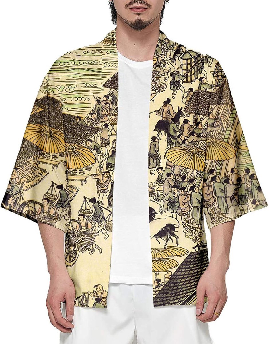 Kimono-jas voor heren, Japanse 3/4-mouwen, open stijl, cardigan, print met kraanvogelmotief