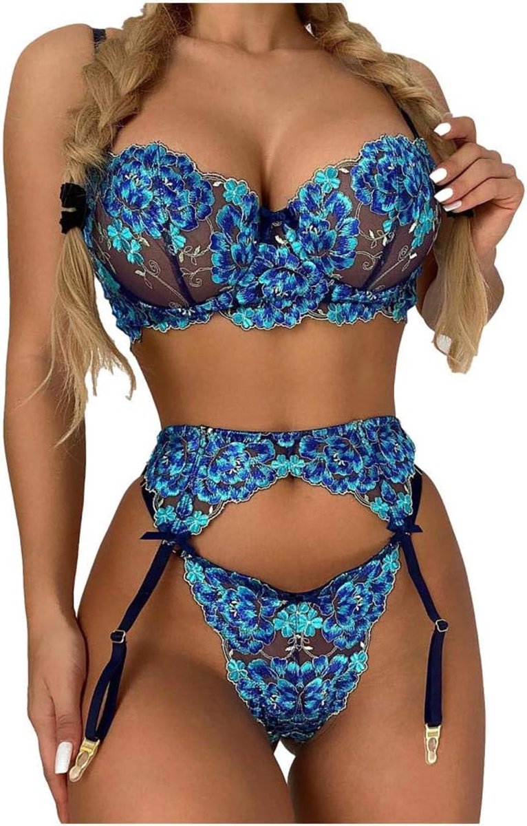 Sexy dames erotische lingerie Dames Sexy Lingerie Kant Mesh Kousenband Transparante Lingerie 3pcs-Azul_XL