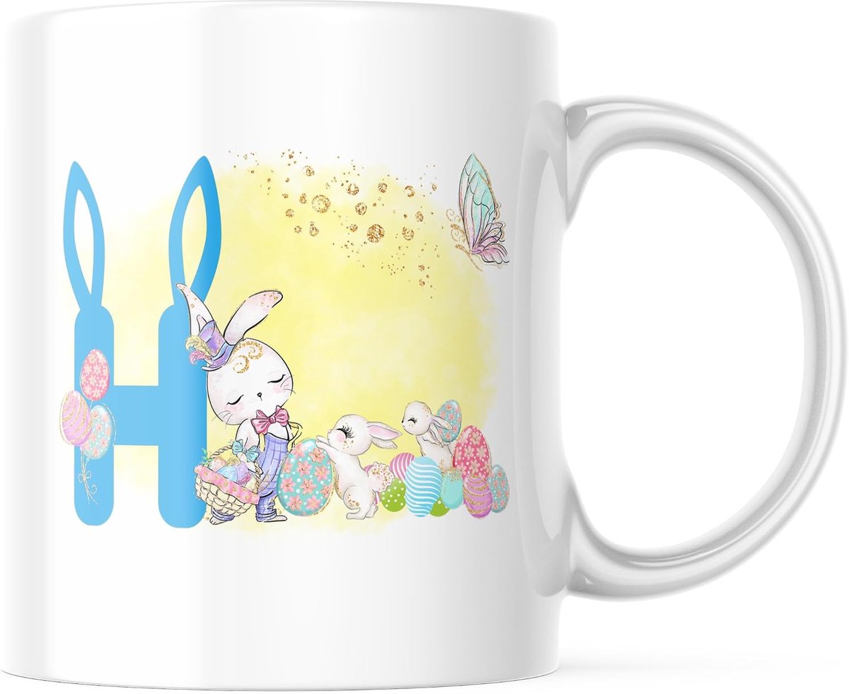 Mok Monogram H | Schattig Konijn Initiaal Koffiekopje | Gepersonaliseerd Paascadeau | Lente Thema 11oz Keramische Beker