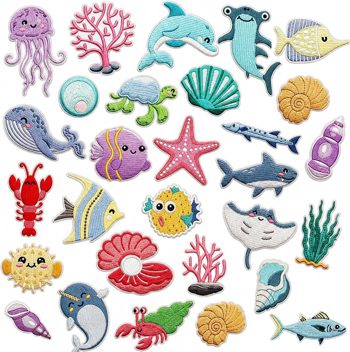 Set van 28 Kinderen Strijkapplicaties, Borduurpatches, Zeeleven Ontwerpen voor Kleding, T-shirts en Accessoires