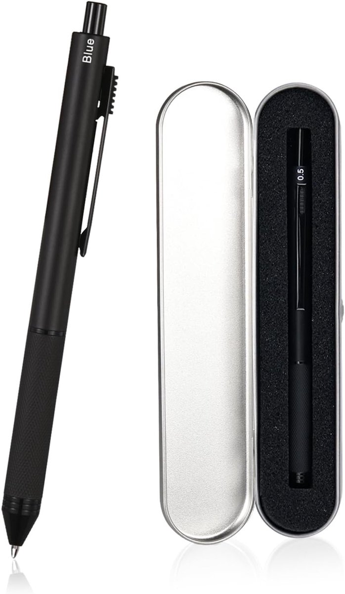 SnelShoppen - 4-in-1 Multicolour Pen - Multifunctionele Pen met Metalen Huls - Zwarte, Blauwe en Rode Balpen + 0.5mm Mechanical Pencil voor School, We