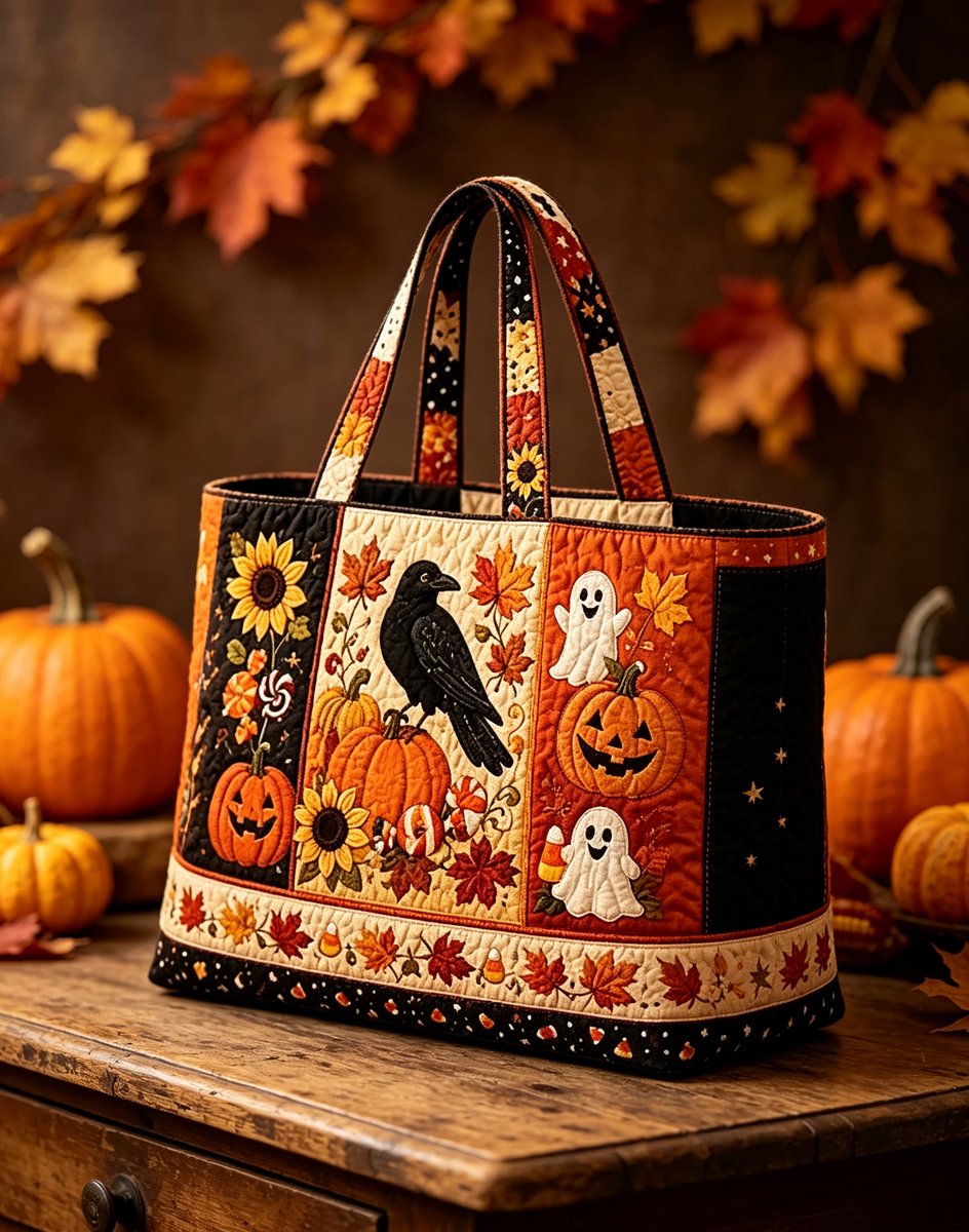 Halloween Trick-or-Treat-tas – Herbruikbare schoudertas met opdruk en gevoerde schouderbanden – Stevige tas voor snoepgoed met schattig patroon van pompoenen, kraaien en spoken; geschikt voor kinderen en volwassenen