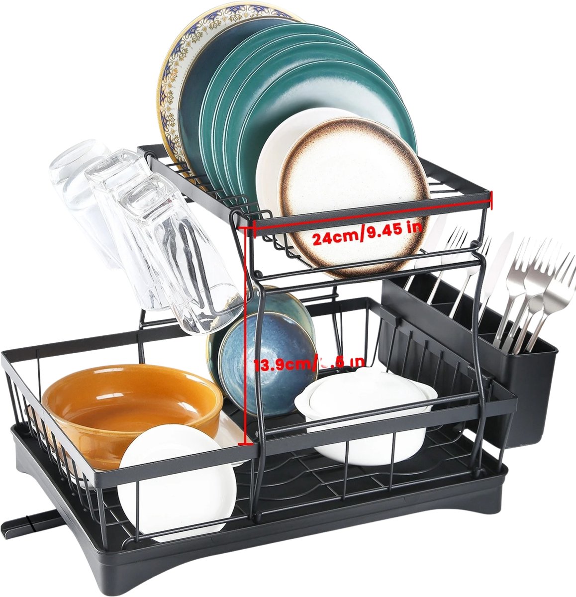 Homezo afdruiprek - Droogrek servies - 2 niveaus - Afvoer voor overtollig water - Afzonderlijke vakken - 42 x 30 x 32,3 cm - Zwart