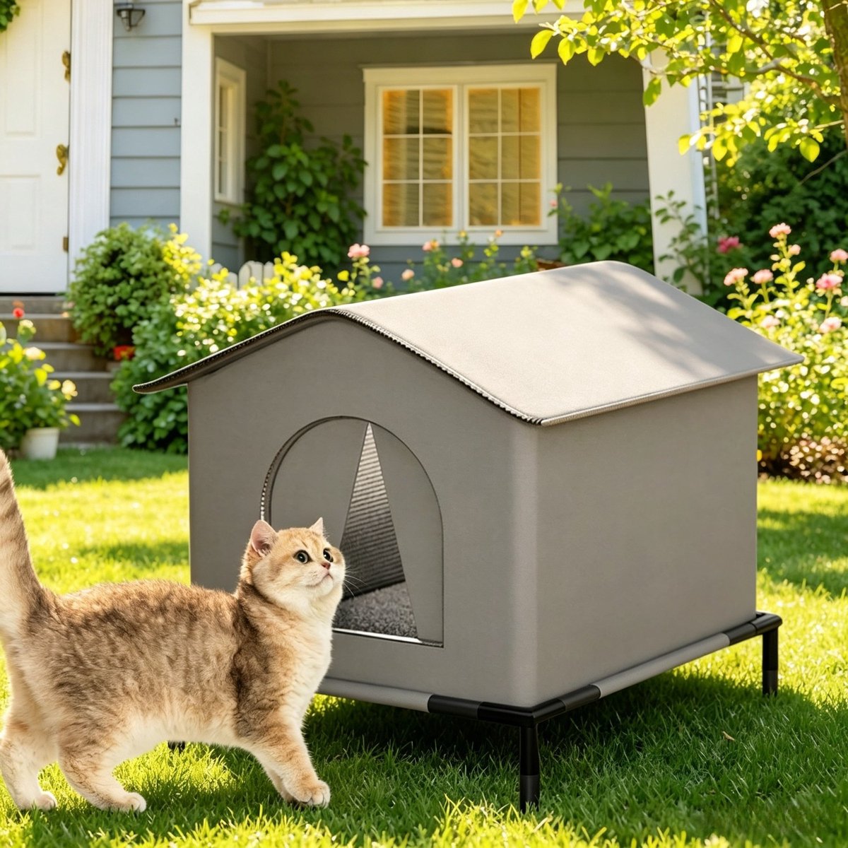 Grote Kattenhuis 42x42x42cm Grijs Met Onderstel | Verhoogde Buiten Kattenhok Waterafstotend schuilplaats voor zwerfkatten, inclusief zachte kussenmat