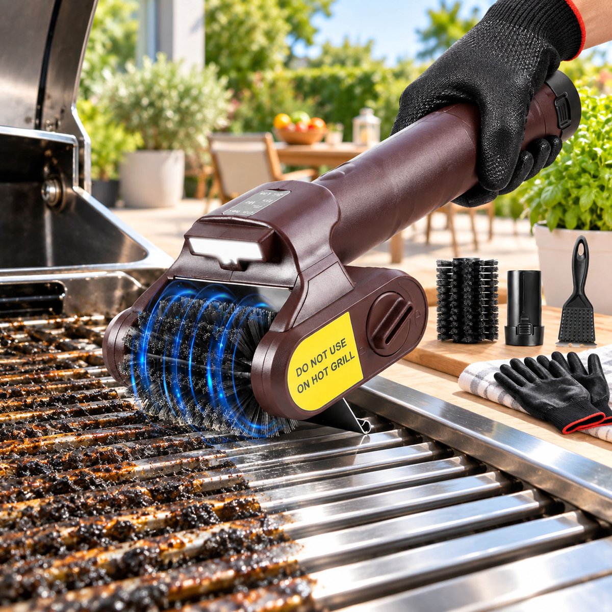 Lapamax Elektrische Grillborstel - BBQ Schoonmaakborstel met 2 RVS Opzetkoppen - 630/700/770 RPM - LED Verlichting - Oplaadbare Barbecue Reiniger met Afneembare Accu en Hittebestendige Handgreep