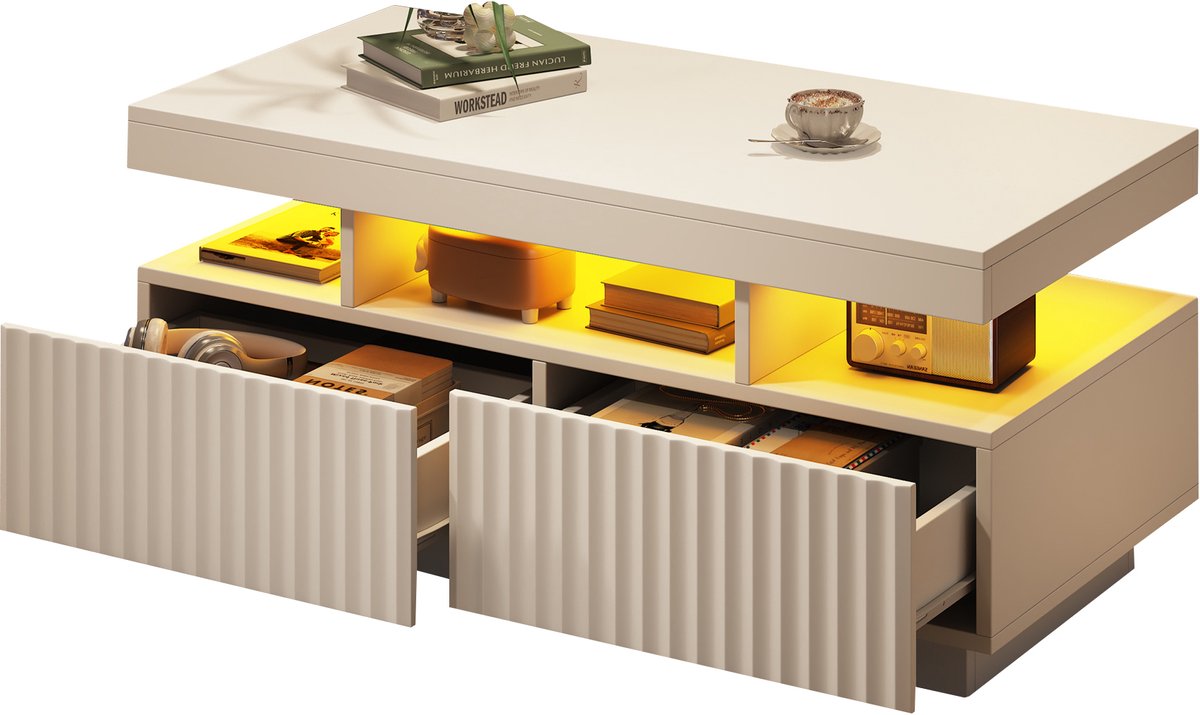 MUVANO Witte Salontafel Met Led - Moderne Koffietafel - Salontafel 100x50x45 cm - 2 Lades En Open Vak - App Gestuurde Verlichting - Woonkamer Wit