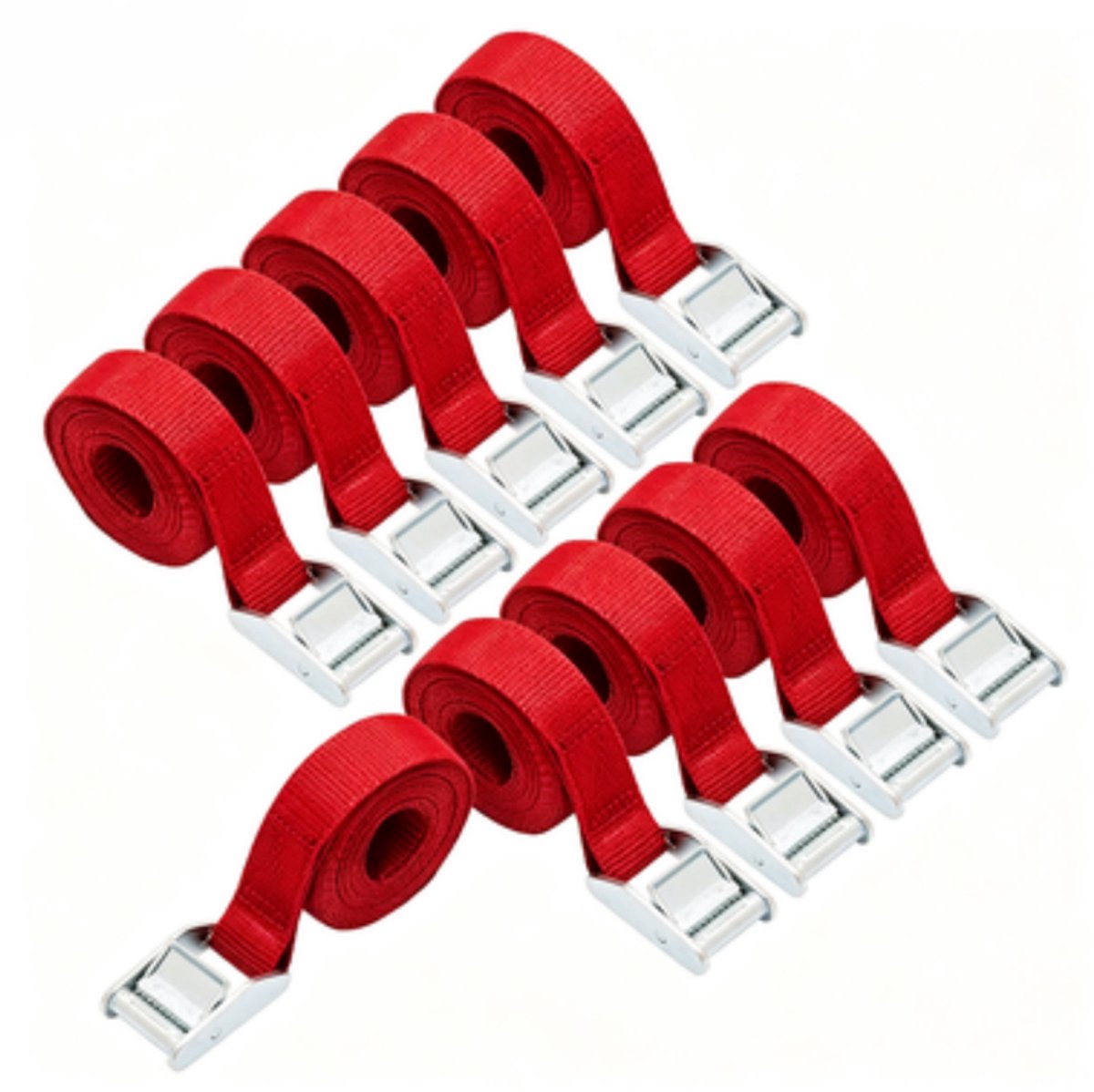 Spanbanden – 2,5 m lang, 25 mm breed – Draagvermogen 150 kg – Set van 10 – Banden met klemgesp van zinklegering voor ladingzekering – Rood